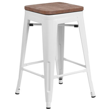 24" High Backless White Metal Counter Height Stool with Square Wood Seat
