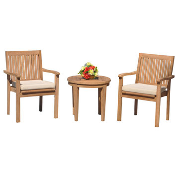 3-Piece Outdoor Patio Teak Dining Set, 23.5" Round Table, 2 Leveb Stacking Chair