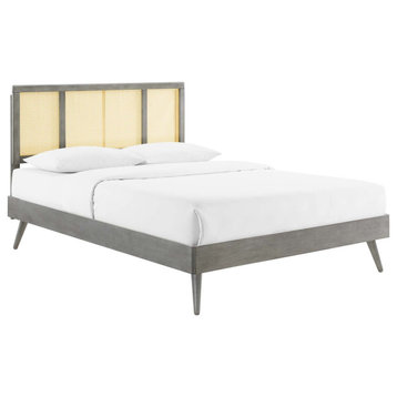 Cane Bed, Woven Rattan Bed, Art Moderne Slat Platform Bed, Grey, Full