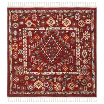 Farmhouse Area Rug, Bordered Design With Fringed Tassels, Red/Ivory, 6'3" Square
