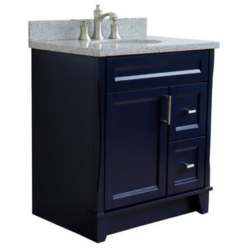 31" Single Sink Vanity, Blue Finish With Gray Granite With Oval Sink