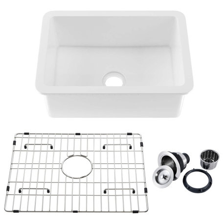27" White Fireclay Farmhouse Undermount Kitchen Sink With Bottom Grid and Strain