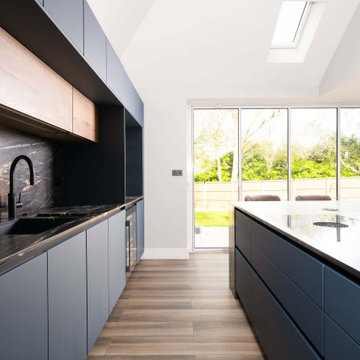 Blue and Oak Handleless Kitchen in Northwood