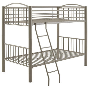 Contemporary Twin Bunk Bed, Separable Design With Angled Metal Ladder, Pewter