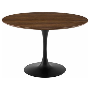 Modern Designer Room Round Dining Table, Wood Metal Steel, Black Walnut Brown