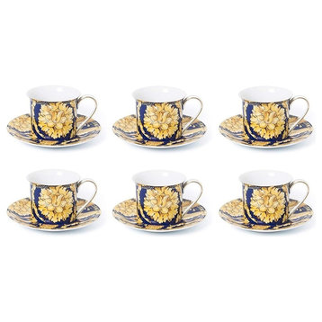 Royalty Porcelain Luxury Tea or Coffee Cup Set, 24K Gold (12 PC, Floral Blue)