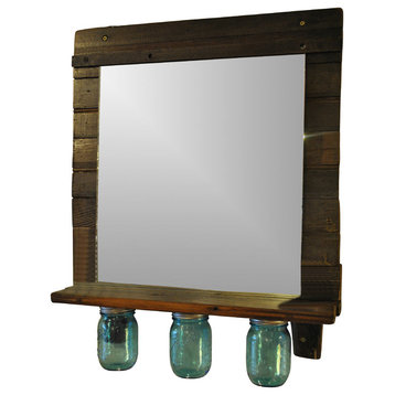 Reclaimed Wood Mirror With 3 Blue Majson Jars