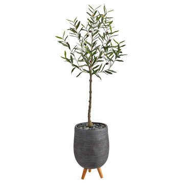 4.5' Olive Artificial Tree, Gray Planter With Stand