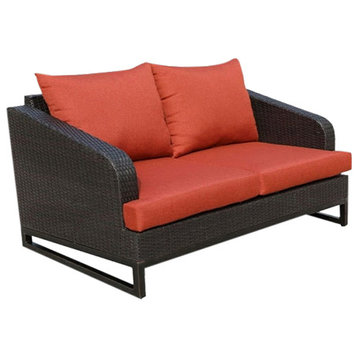 Comal Outdoor Wicker Loveseat, Brown With Terracotta Cushions