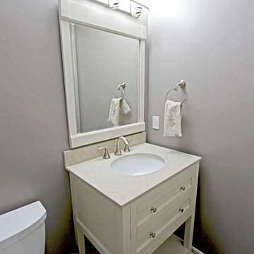 Gray Powder Room with White Vanity and Crystal Palace Quartz Countertop