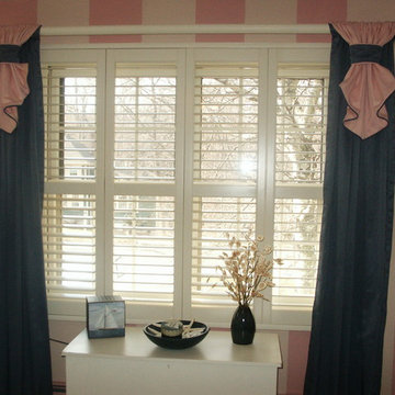 Custom Shutters, Draperies with Flip Panels on Decorative Wood Poles