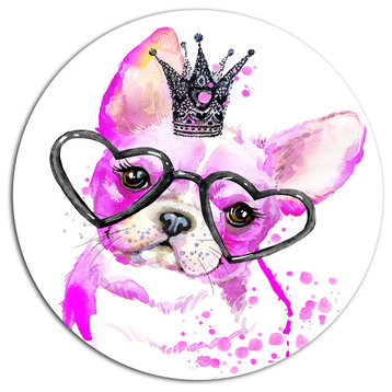 Cute Pink Dog With Heart Glasses, Animal Art Disc Metal Wall Art, 36"