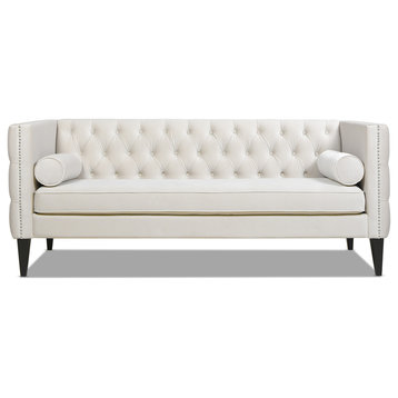 Diane Upholstered Tufted Tuxedo Sofa with Bolster Pillows, French Beige Performa