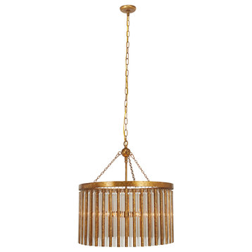 Round Brushed Gold Metal Chandelier with Dangling Glass Accents