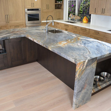 A Island with a recessed dog bowl, Stone Tempest Blue Quartzite
