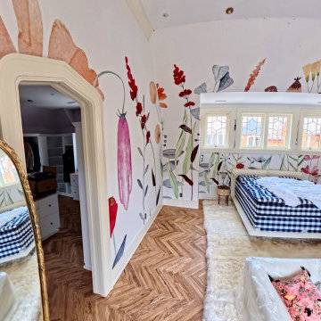 Custom Luxury Bedroom with Artistic Design and Herringbone Flooring