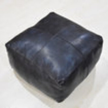 Solid Handmade Leather Square Pouf (Recycled Cotton Fill) Vintage Blue PF37A