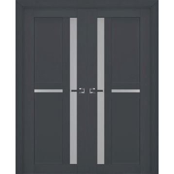 Interior French Double Doors 64 x 96, Veregio 7288 Antracite & Frosted Glass