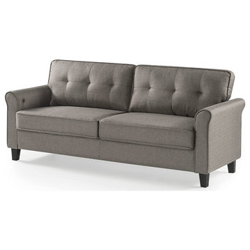 Modern Sofa, Polyester Seat With Tufted Backrest & 2 USB Ports, Sand Grey