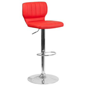 Contemporary Red Vinyl Adjustable H Barstool With Chrome Base