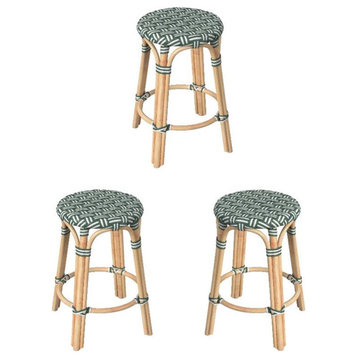 Home Square 24" Rattan Round Counter Stool in Green - Set of 3