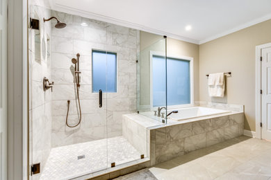 Bathroom - mid-sized transitional master white tile and porcelain tile porcelain tile, gray floor and double-sink bathroom idea in Birmingham with dark wood cabinets, a two-piece toilet, beige walls, an undermount sink, quartz countertops, a hinged shower door, white countertops and a built-in vanity