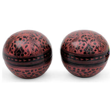 NOVICA Pink Wildflowers And Lacquered Wood Boxes  (Pair)