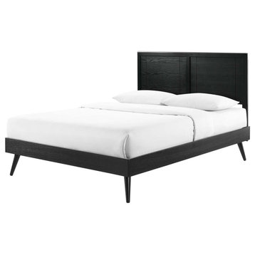 Platform Bed Frame, Queen Size, Wood, Black, Modern Mid-Century, Bedroom Master
