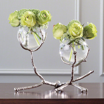 Twig Branch Metal Glass Bud Vase, Silver Double Centerpiece Sculpture