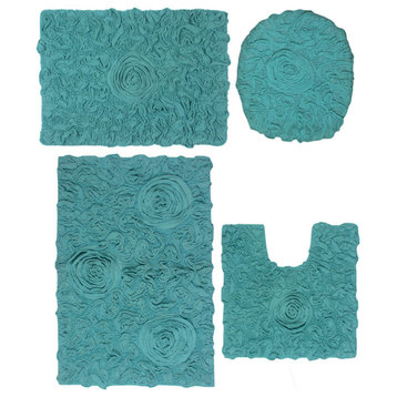 Bell Flower Collection Bath Rug, 4Pcs Set -Turquoise