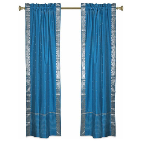 Lined-Turquoise Rod Pocket  Sheer Sari Curtains w/ Silver Border-80Wx84L-Pair