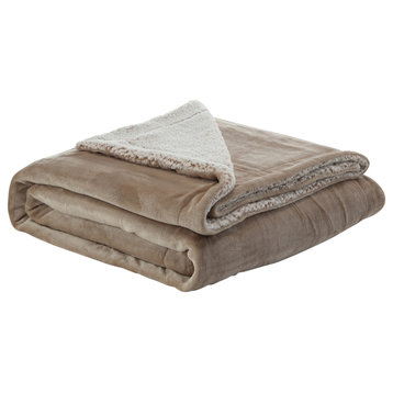 Amarey Flannel Reversible Sherpa Throw Blanket, Taupe, 90"x90"