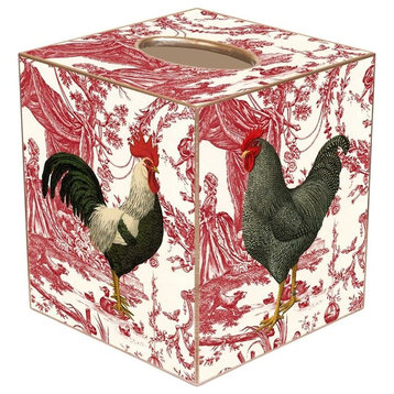 TB288-Roosters on Red Toile Tissue Box Cover
