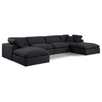Meridian Furniture - Comfy Upholstered U-Shaped Modular Sectional, Black, 6-Piece: 2 Armless Chair, 2 Corner Chair, 2 Ottoman, Linen Textured Fabric - Give your space a whole new look with this black Comfy linen textured fabric sectional. This handsome sectional fits nicely with other items in the Comfy collection and is a versatile seating option designed for adaptability, comfort and style. Wrapped in rich black durable linen textured fabric upholstery, this sectional offers a plush embrace of overstuffed down feather cushions, carefully crafted to deliver the highest level of comfort. The perfect seat for creating an oasis for relaxation, this sectional has thick foam surrounding its frame for added support and coziness.