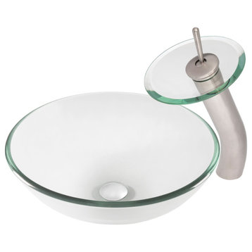 Bonificare Round Clear Glass Vessel Bathroom Sink Combo with Faucet and Drain, Brushed Nickel