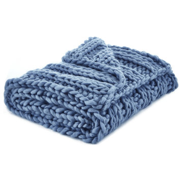 Light Blue Knitted Polyester Solid Color Throw Blanket