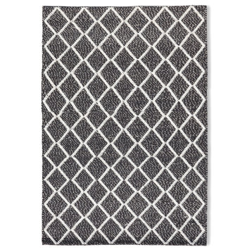 Handmade Ivory Colored High/Low Diamond Patterned Wool Rug by Tufty Home, Charcoal / Beige, 2.3x9