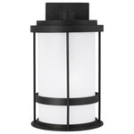 Sea Gull Lighting - Sea Gull Wilburn Medium 1-LT Outdoor Wall, Black/Satin/White - With a nod to retro-industrial chic, the Wilburn outdoor fixtures wraps a white frosted glass shade in a fun metal cage to create a casual and easygoing look. Offered in Antique Bronze and Black finishes with Etched White glass, the assortment includes a one-light outdoor pendant, small medium, large, and extra-large one-light outdoor wall lanterns, a one-light out door post lantern and a one-light outdoor ceiling flush mount. Both incandescent lamping and ENERGY STAR-qualified LED lamping are available for most of the fixtures, and some can easily convert to LED by purchasing LED replacement lamps sold separately.