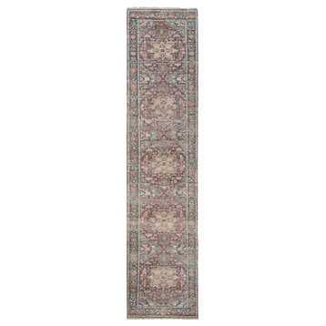 Rosewood Red Heris Revival Soft Wool Hand Knotted Runner Rug, 2'6"x11'9"