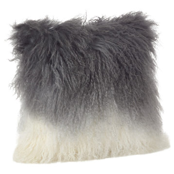Poly Filled Mongolian Lamb Fur Ombre Throw Pillow, 16"x16", Slate