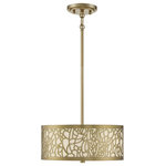 Savoy - Savoy New Haven 3 Light New Burnished Brass Convertible Semi-Flush - The organic appeal of New Haven's abstract design allows it to complement a variety of environments. The laser-cut metal pattern in a Burnished Brass finish contrasts nicely with the pale cream inner shade. This three-light semi-flush provides ample illumination from three 60-watt candelabra bulbs. Adding to the versatility is the adjustable hanging height from 5 to 60 inches that allows it to be converted to a pendant.