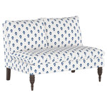 Skyline Furniture Mfg - Topher Armless Love Seat in Elizabeth Floral Navy - This sleek, low-profile loveseat delivers comfort that far exceeds its petite proportions, dressed to thrill with sumptuous cushions and lush upholstery. Forever in style with a simple armless silhouette and stately turned front legs. Handcrafted in an simple ornamental fabric.
