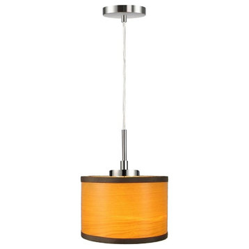 Woodbridge Lighting Drum 1-Light Wood Mini-Pendant in Satin Nickel/Veneer Nougat