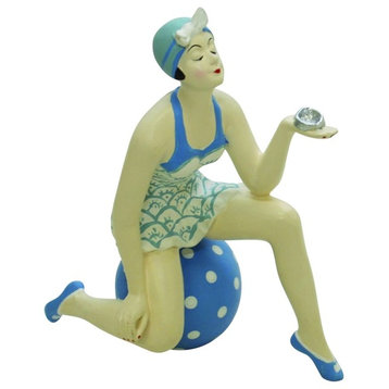 Retro Bathing Beauty Figurine, Swim Suit Beach Ball Kneeling Blue White
