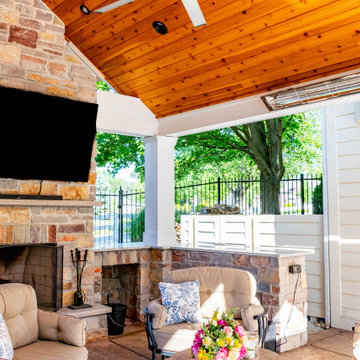 Pool Side Covered Patio with Fireplace and Bar Area