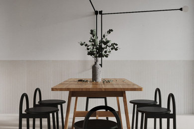 Modelo de comedor actual grande abierto con paredes blancas, suelo de baldosas de cerámica y suelo gris