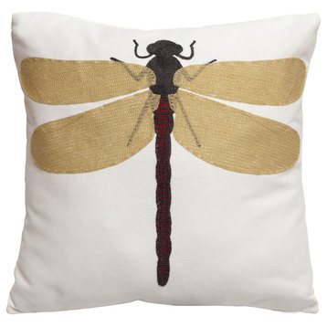 Dragonfly Embroidered Farmhouse Throw Pillow, Insert Included, 18"x18"