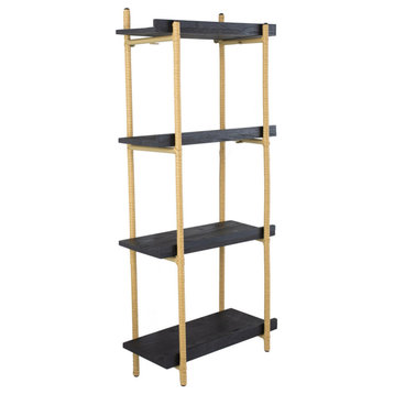 44" Modern Wood Four Tier Shelf, Natural Rattan Braiding, Gold, Black