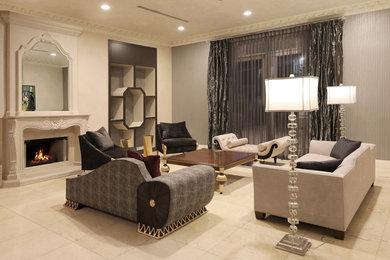 Living room - transitional living room idea in Los Angeles with no fireplace and a stone fireplace