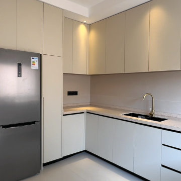 L-Shaped Modern Beige Gloss Full Kitchen Cabinet System